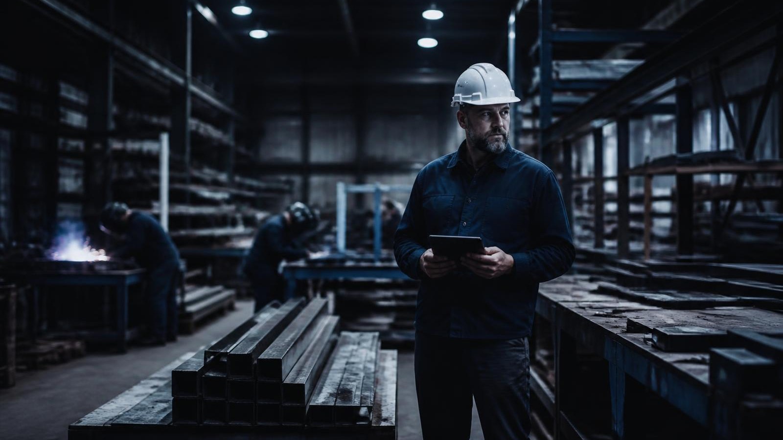 Foreman with a tablet beside stacked material in a contractor shop