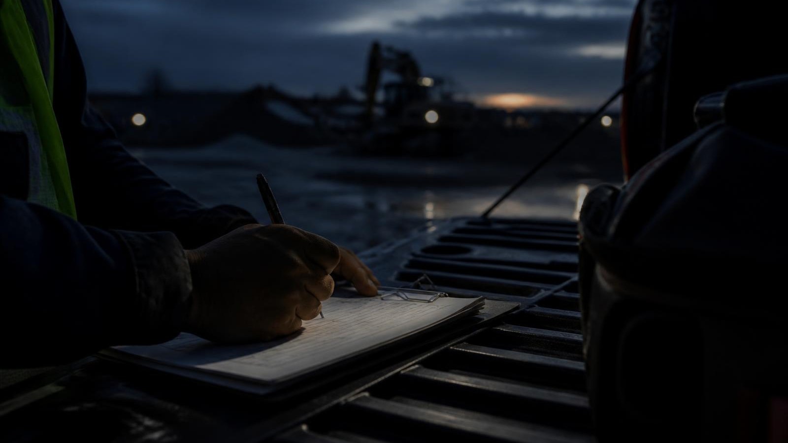 Hands writing a field report on a truck tailgate at dusk