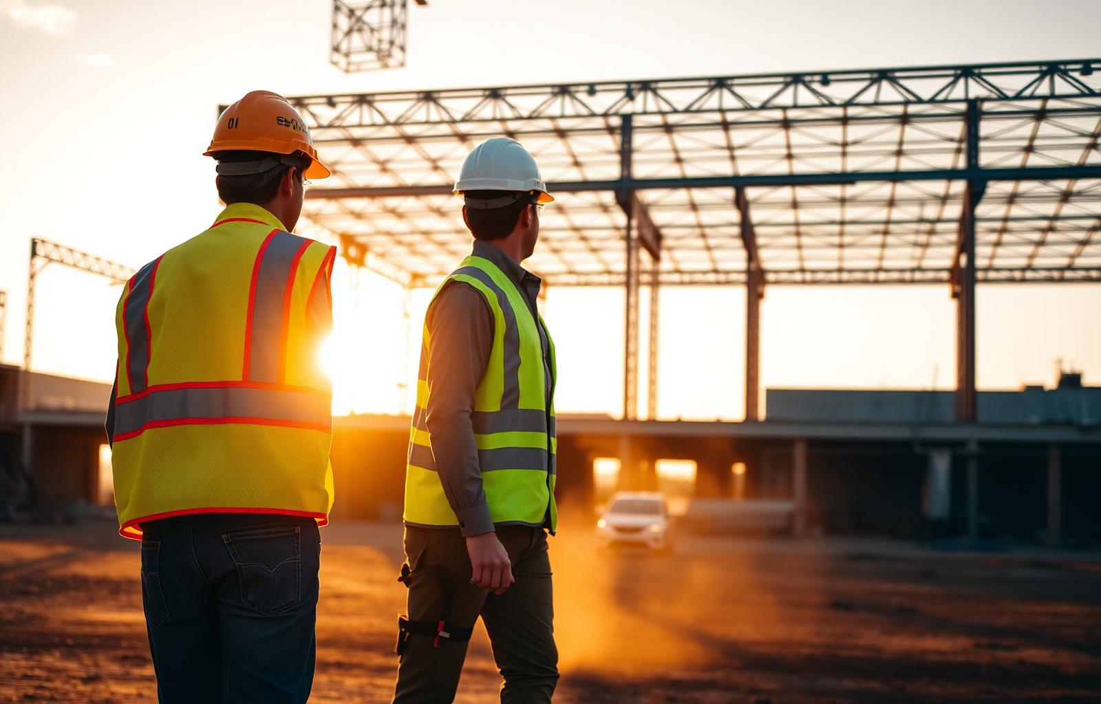 A field supervisor and project manager walking a job site at golden hour
