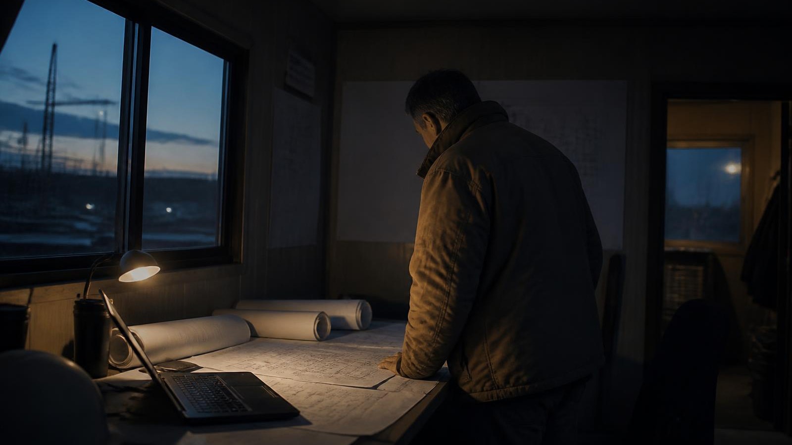 Superintendent working over drawings in a site office trailer at dusk