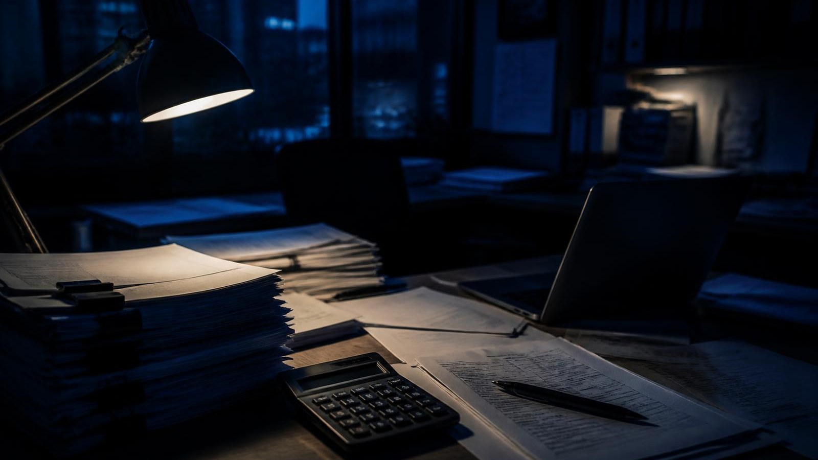Desk stacked with pay application paperwork under a single lamp