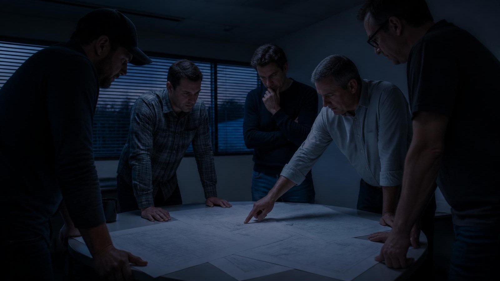 Partners reviewing drawings around a table in a low-lit office