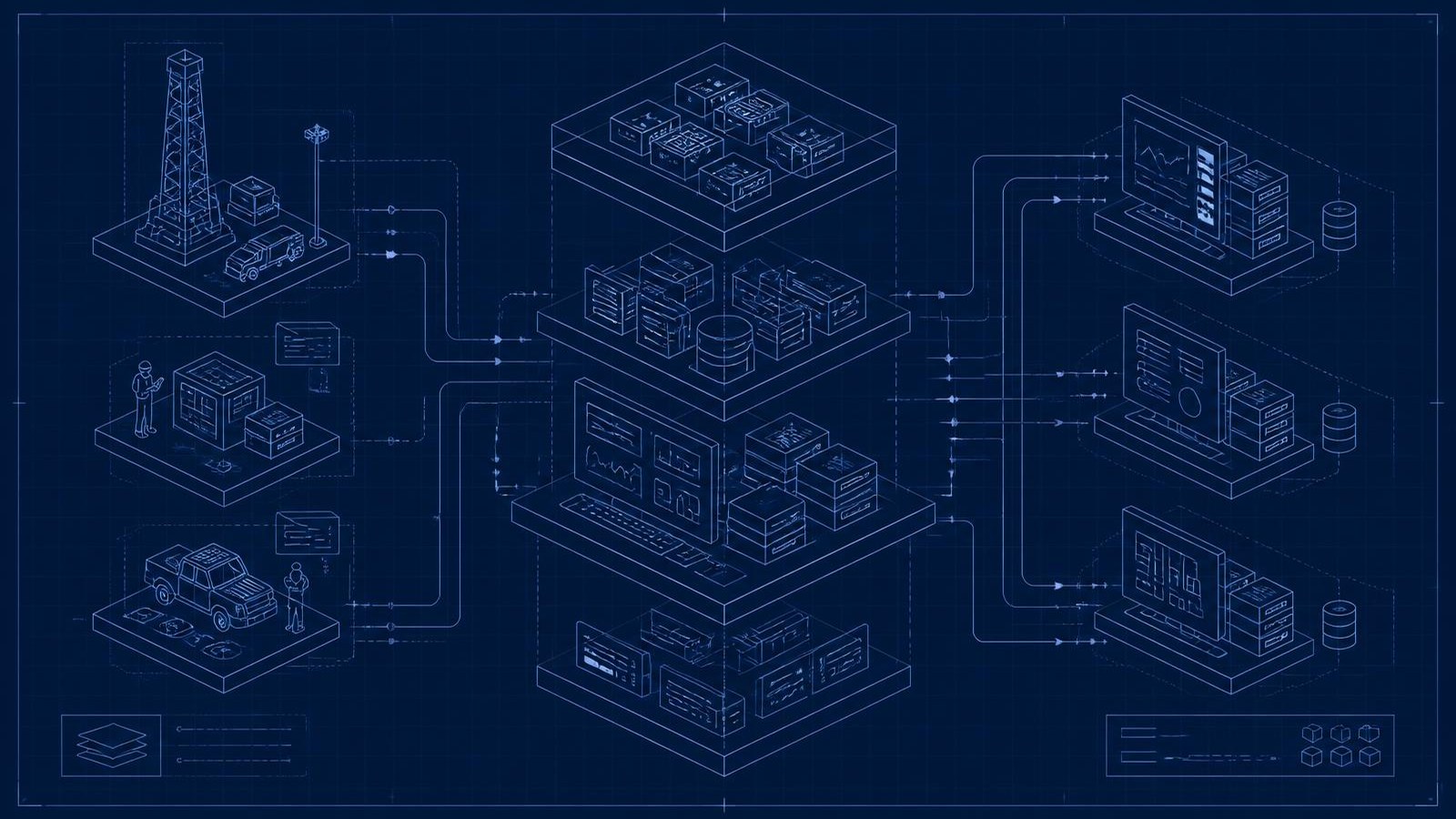 Blueprint diagram of connected field, office and supplier systems